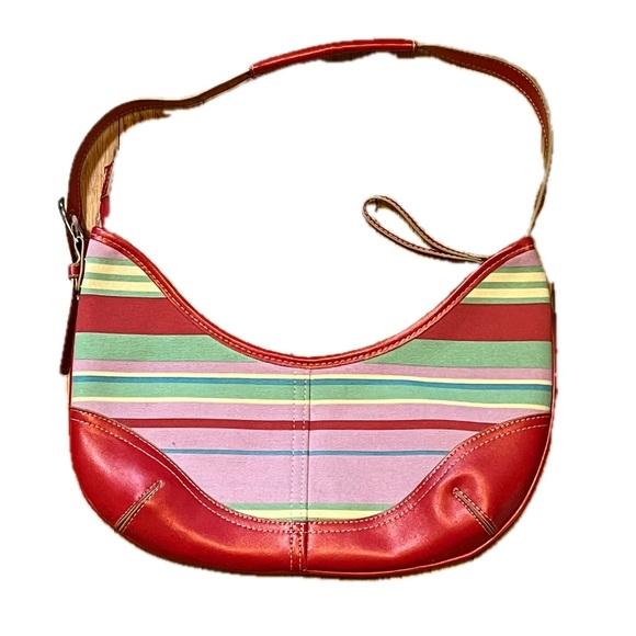 Handbags - Red Over the Shoulder Purse Pink Green Striped